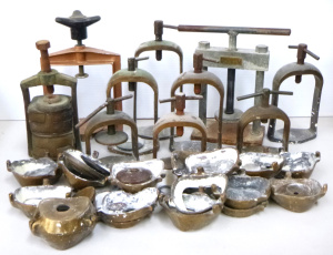 Lot 75 - Denture moulds and presses inc Gibling Bros (27cm H unextended)
