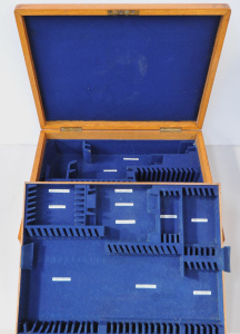 Lot 76 - Large Light Oak standing Cutlery Box with draw insert & brass plaqu