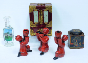 Lot 79 - Group of Oriental items inc ceramic figural candlestick set, miniature