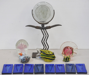 Lot 107 - Group of art glass inc fishes, jellyfish, duck paper wights, bison dis