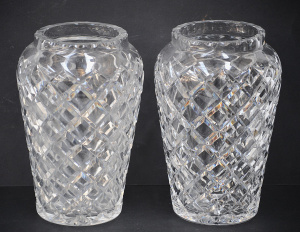 Lot 110 - Pair c1900 - 1930s heavy diamond cut crystal vases - 16cms H