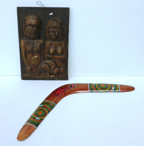 Lot 118 - Aus pottery figures on slate wall plaque depicting indigenous man and
