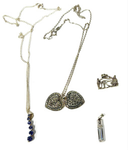 Lot 136 - Grp silver jewellery - double Marcasite open hearts pendants on chain,