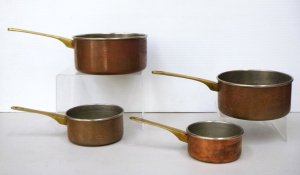 Lot 146 - Set of vintage 4 Copper & Brass saucepans