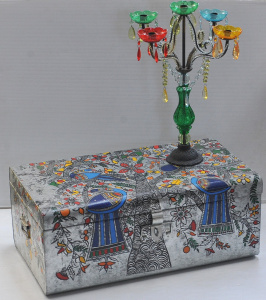 Lot 2 - Metal Painted Floral Trunk & Multicoloured Glass Candelabra