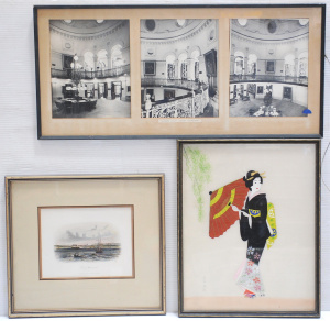 Lot 9 - 3 framed vintage pictures inc hand-coloured engraving by ST Gill of the