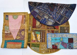 Lot 23 - 4 x Indian textiles, heavily embroidered, beaded, patchwork incl 2 roun