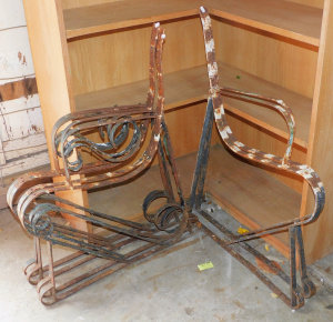 Lot 41 - Lot of 3 pairs (2 matching) of distressed vintage wrought iron bench se