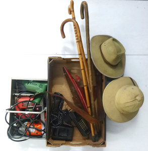 Lot 51 - Mixed lot vintage items inc power tools (drills, jigsaw), pith helmet,