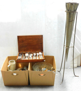 Lot 55 - Large mixed lot inc large conical metal vase with stand (109cm H), ligh
