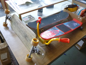 Lot 61 - 3 x Mixed Skateboards incl Vintage Plastic Roller Racer, Modern Globe S