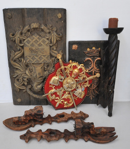 Lot 71 - Group of late 20thC medieval style wall decorations inc light fittings,
