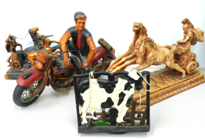 Lot 72 - Group of kitschy statues inc charioteers, motorcyclist (51cm L) and cas