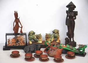 Lot 78 - Lot of Eastern Items incl Carved Wooden Figures, Ceramic Chinese Dog, V