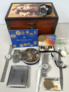 Lot 80 - Wooden box & contents - coins, RAM 1984 coin set, watches, incl mar