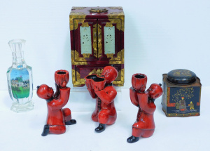 Lot 87 - Group of Oriental items inc ceramic figural candlestick set, miniature