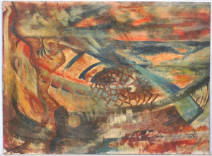 Lot 99 - Artist Unknown - Large unframed Australian Modernist Oil Painting - Fis