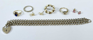 Lot 151 - Grp silver jewellery - rings, Friendship with sapphire, chain link bra