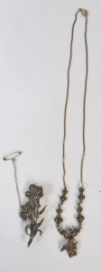 Lot 155 - 2 x pces Silver Marcasite jewellery - floral necklace & brooch