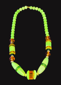 Lot 165 - Uranium Glass Art Deco bead necklace - satin glass with amber & g