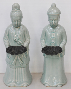 Lot 176 - 2 pces Oriental ceramics - Pair Celedon glaze figures Man & Women