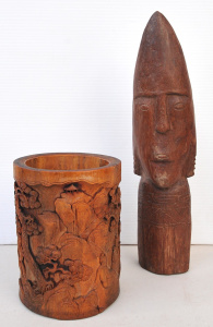 2 x Carved items inc Chinese carved Bamboo brush pot 17cm H & Tribal figur