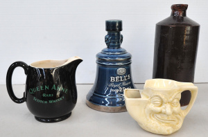 4 pces ceramics inc Queen Anne Whisky Jug, Bells Decanter Sandland Cream glaze s