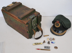 Lot vintage Military items incl Canadian Army General Officers service Hat, Wood
