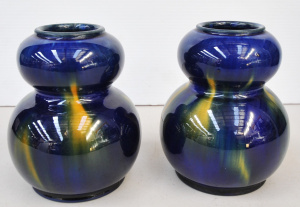 Pair McHugh Australian Pottery Vases Blue & yellow drip glaze - Bulbous shap