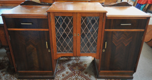 Vintage 1930s Art Deco Sideboard - raised Leadlight glazed cabinet to centre, lo