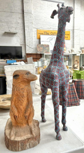 2 x large figures - carved wooden Meercat, 52cms H & fabric covered Girrafe,