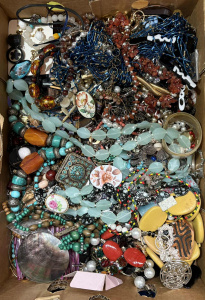 Box lot mixed costume jewellery - necklaces, earrings, enamel brooches, bracelet
