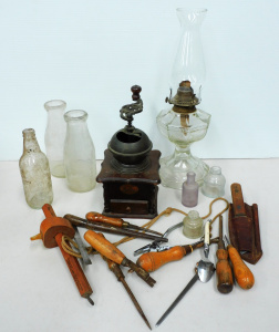 Box lot mixed vintage inc Clear Glass oil lamp with greek key pattern, Bottles -