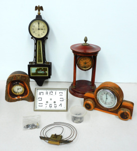 Box lot Vintage Clocks & Parts inc New Haven Clock Co Wall clock with brass