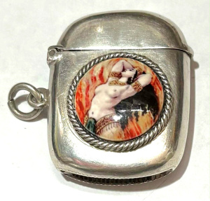Dainty Sterling Silver Vesta feat enamel cameo of exotic Middle Eastern dancer -