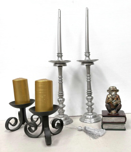 Grp 2 x pair candlesticks - low black wrought iron, aluminium traditional style