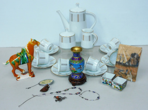 Mixed Group lot inc Cloisonne Vase w carved stand, Pair oriental porcelain squar