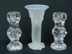 Pair Christer Sjogren Modernist Glass Candlesticks for Lindshammer - Clear, brut