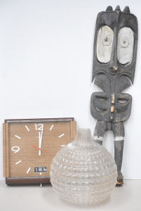 Retro Style Seiko Wall Clock w Date, Carved Wooden Sepik Figure & Glass Dome