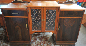 Vintage 1930s Art Deco Sideboard - raised Leadlight glazed cabinet to centre, lo