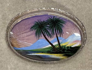 Vintage Sterling silver oval Butterfly wing Brooch feat palm trees etc with box