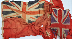 2 vintage flags inc large NZ Red Ensign (approx 240cm W), and Union Jack (af)