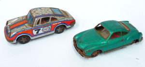 2 x Vintage Japanese tinplate friction toy cars inc Yone Porsche 911 Martini Rac