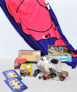 Box lot of Toys etc inc Vintage Roller Skates, Henslite Junior Carpet Bowls, Ton