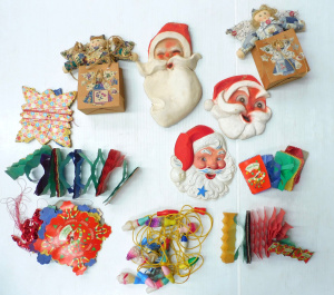 Box vintage Christmas decorations inc Plastic & Cardboard Santas, Various si