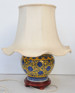 Chinese Blue & Yellow Ceramic lamp fixed to wooden base with white fluted sh