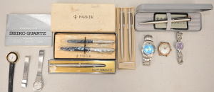 Group of pens inc Parker, Papermate and watches inc Seiko, Citizen etc (some af)