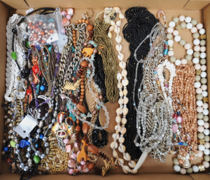 Large Tray Costume Jewellery mostly necklaces inc shell, glass, beads, wooden, p