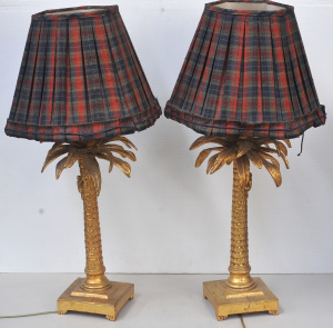 Pair of Gilded Palm tree lamps with Pleated tartan shades 79cm H inclusive of sh