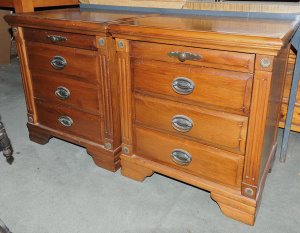 Pair vintage light stained Oak & Pine Empire style Bedsides - 3 x drawers &a